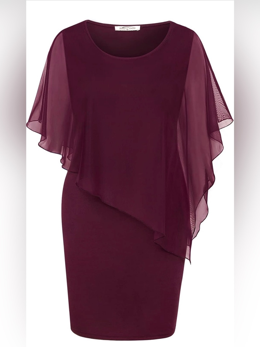 NWT Elegant Asymmetrical Sheer Cape Dress in Burgundy, XL